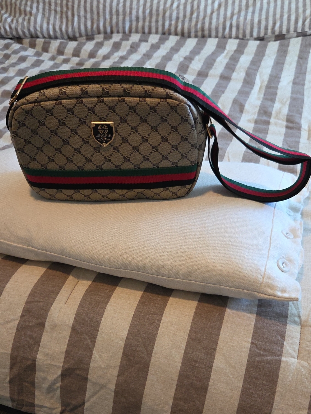 Unbranded Beige Monogram Crossbody Bag with Green & Red Stripe